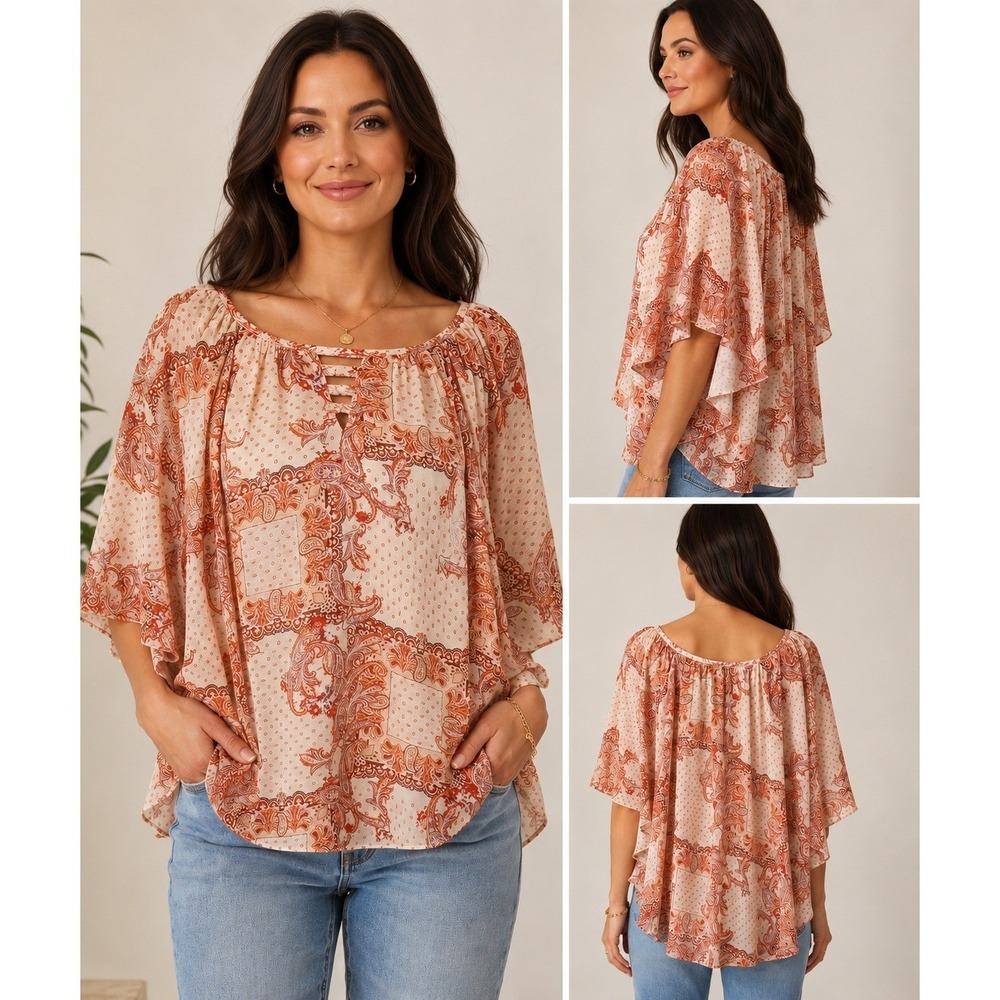 Cato Poncho Blouse Womens Large Orange Paisley Lattice Neck Flowy Top‎